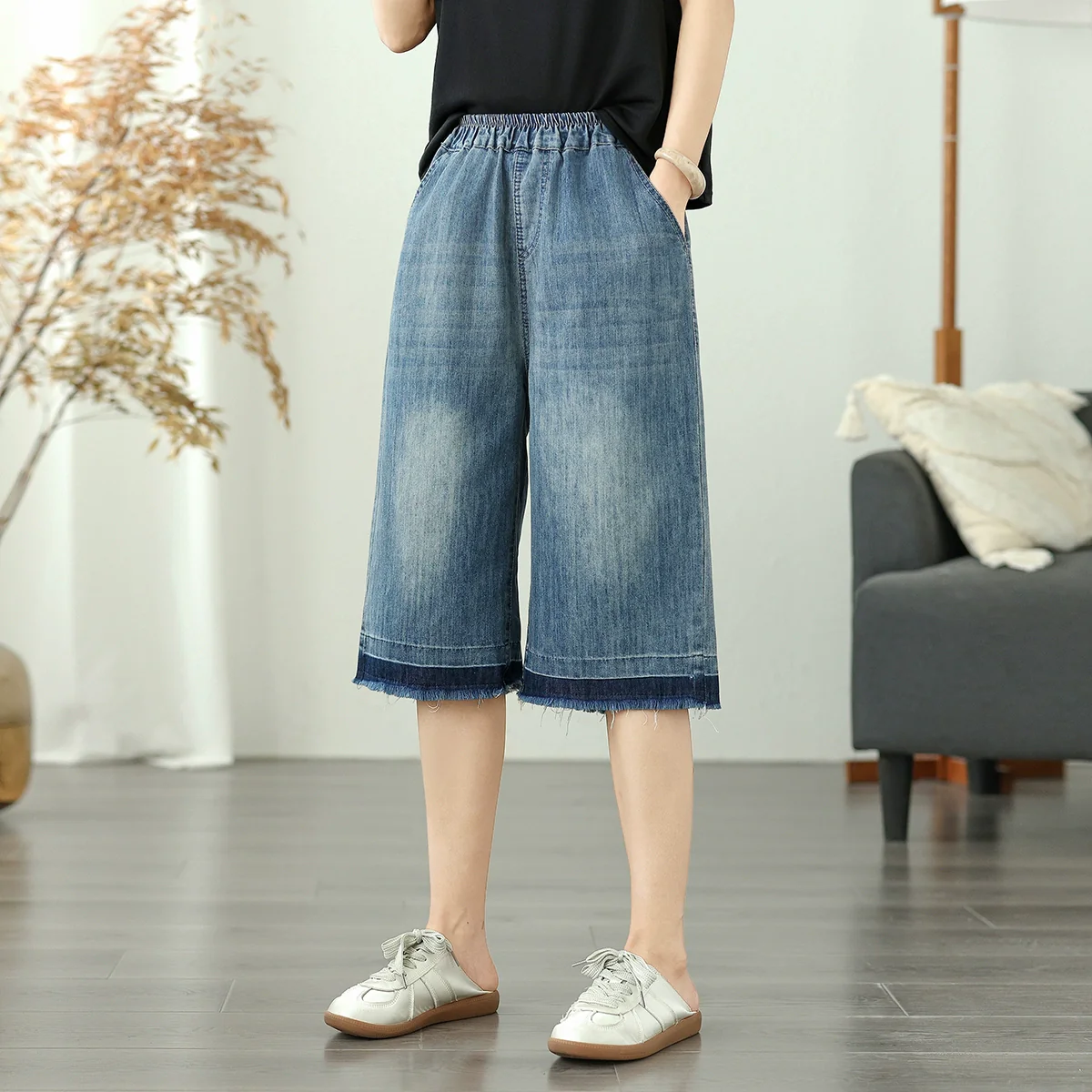 Summer Fashionable Denim Loose Elastic Waist Cropped Pants Jeans