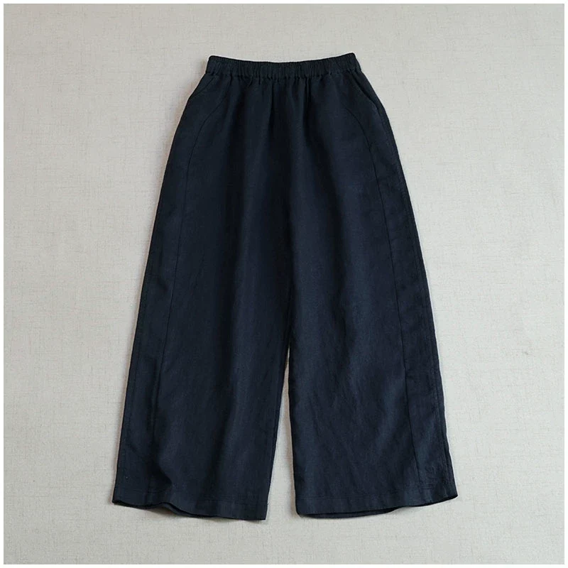 Women Summer Retro Linen Solid Color Loose Cropped Pants