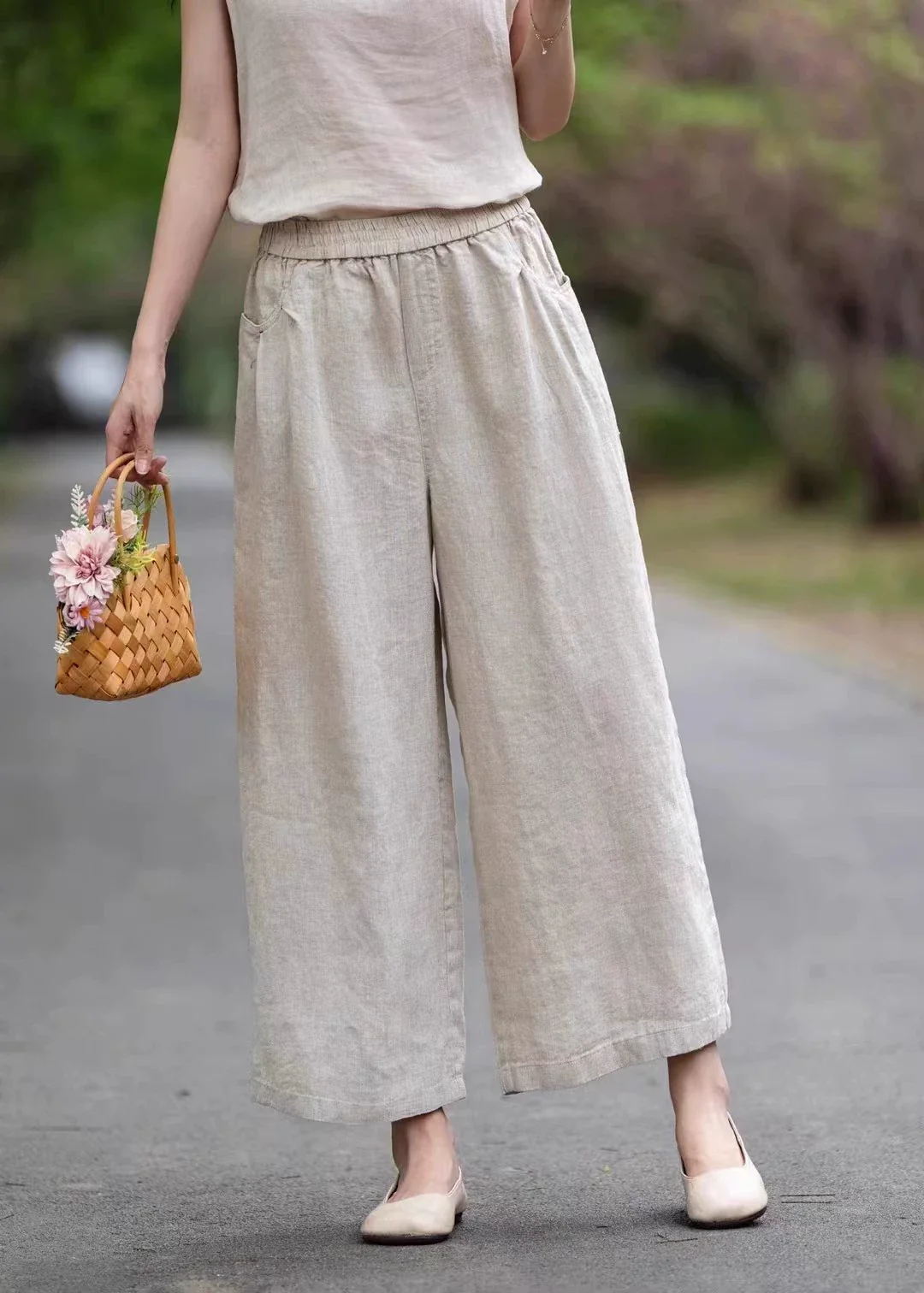 Summer Linen High Elastic Waist Loose Versatile Solid Color Pants