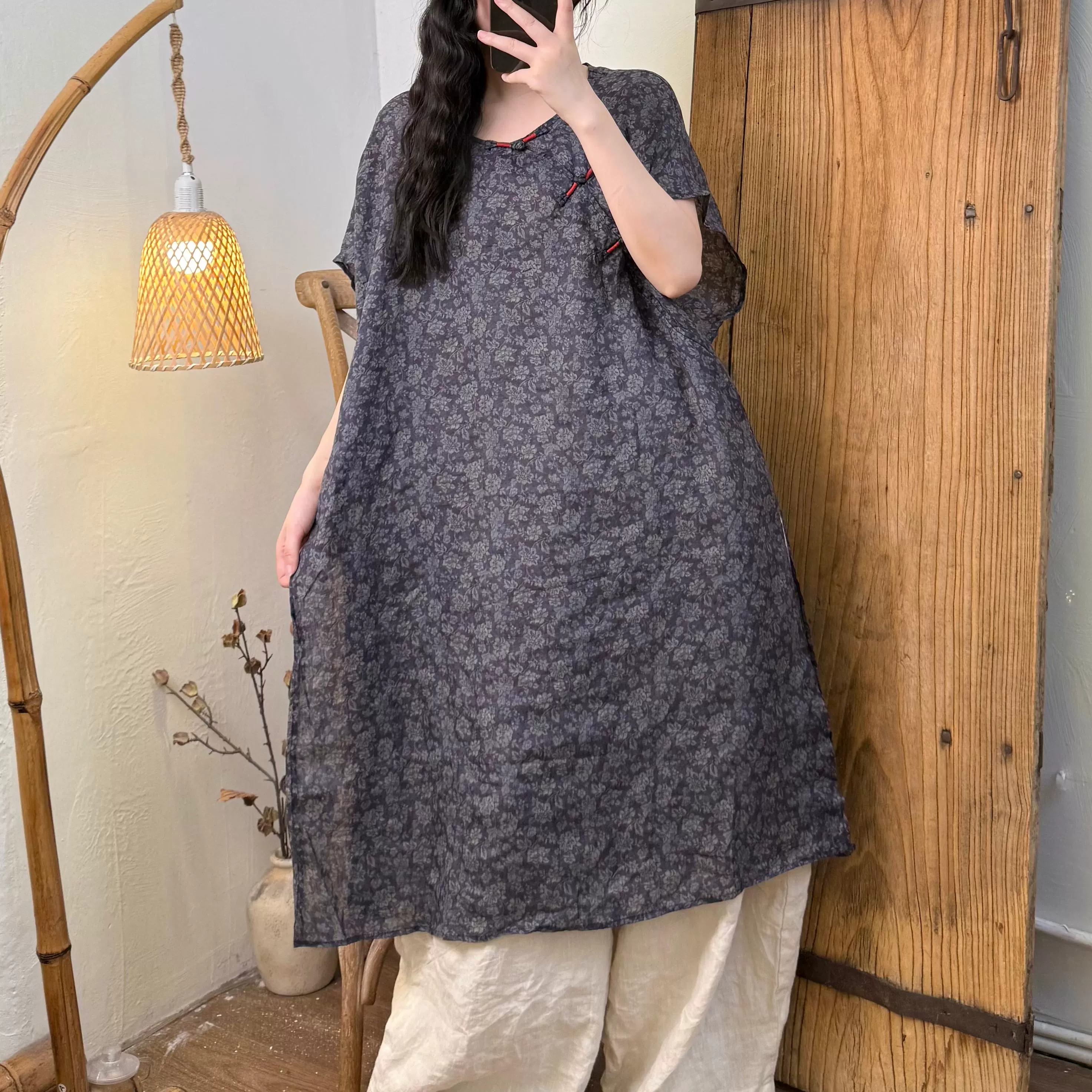 Summer Retro Ramie Casual Floral Frog Button Shirt