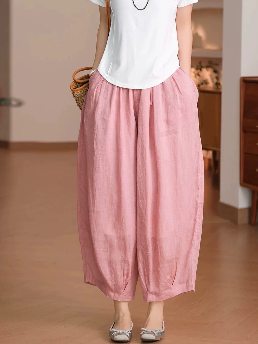 Retro Linen Versatile Double-Layer Casual Loose Elastic Waist Lace Up Pants