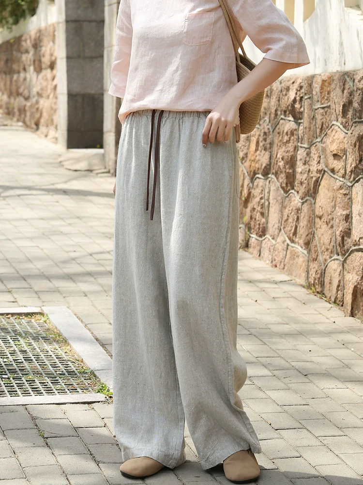 Women Casual Linen Elastic Waist Loose Lace-Up Pants