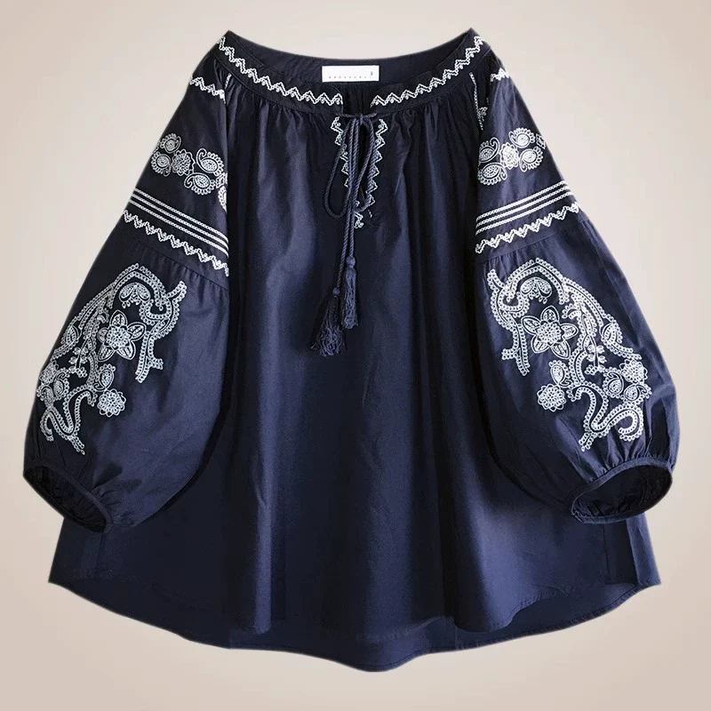 Women Retro Autumn Cotton Round Neck Embroidered Shirt