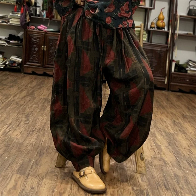 Retro Linen Floral Elastic Waist Loose Harem Pants