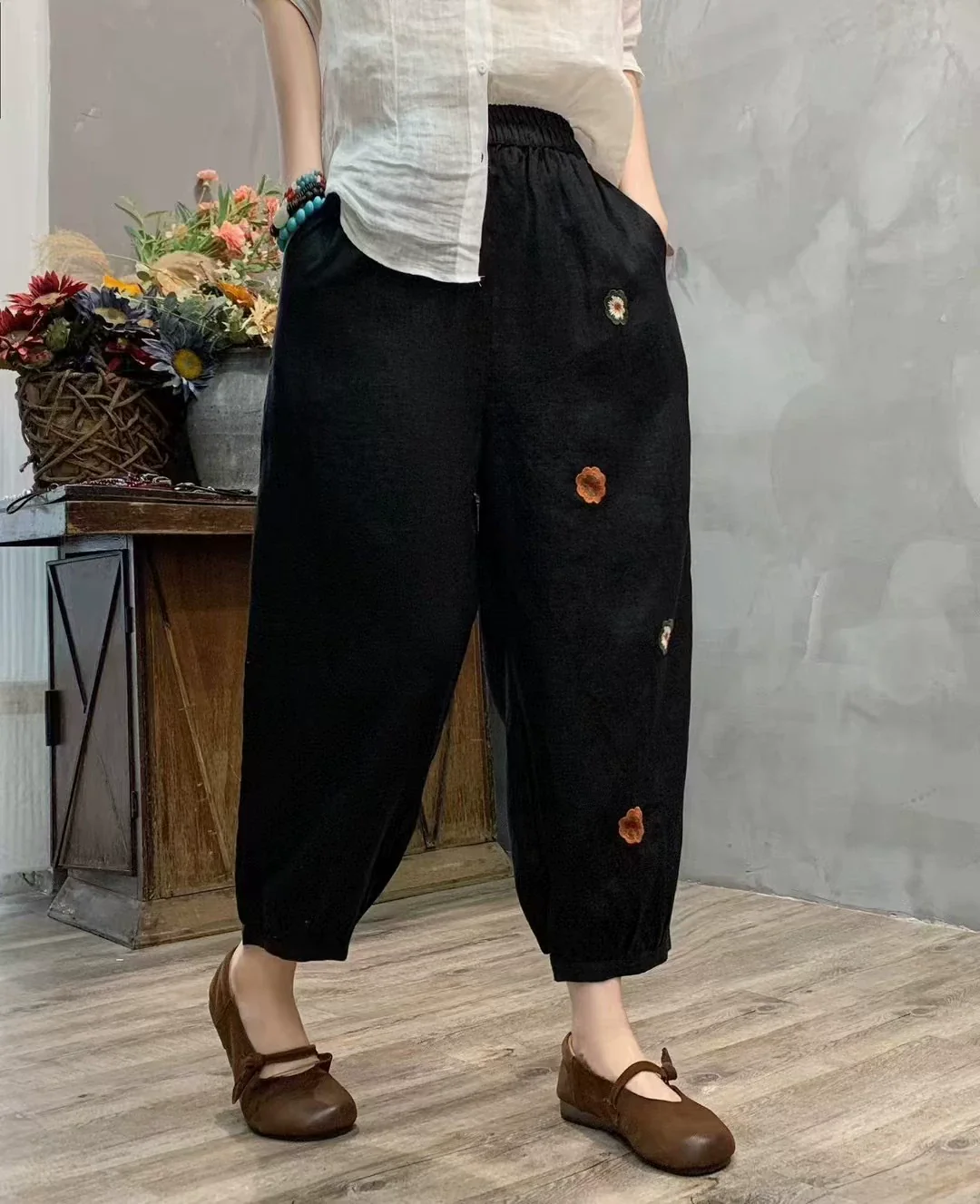 Summer Retro Linen Embroidered Elastic Waist Harem Pants