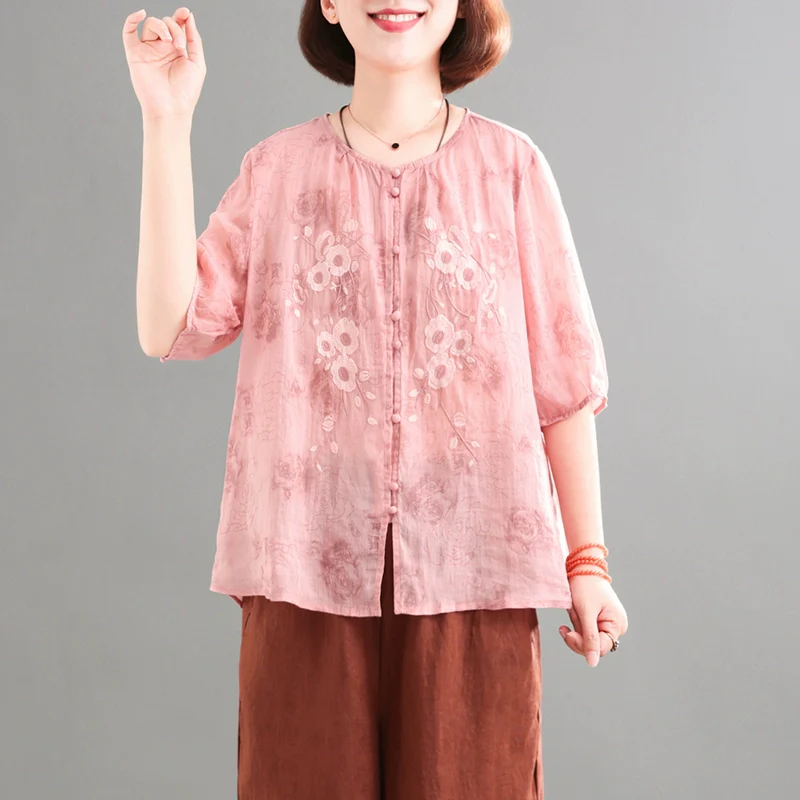 Summer Ramie Embroidered Casual Round Neck Shirt