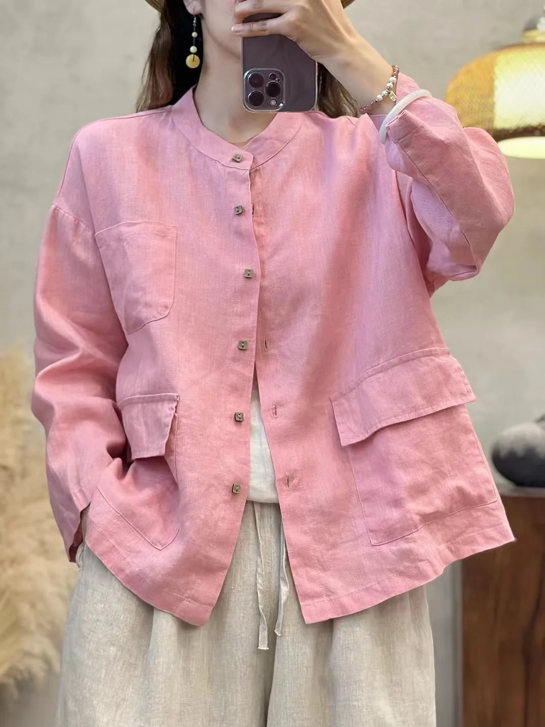 Autumn Retro Linen Washed Versatile Stand Collar Shirt