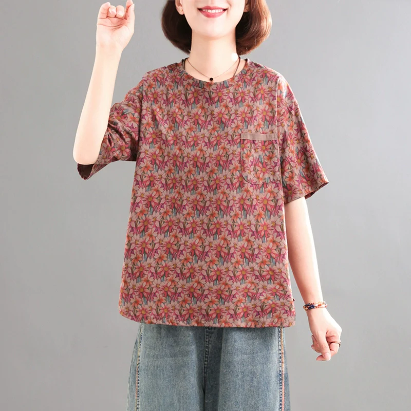 Women Casual Cotton Casual Printed Loose T-Shirt