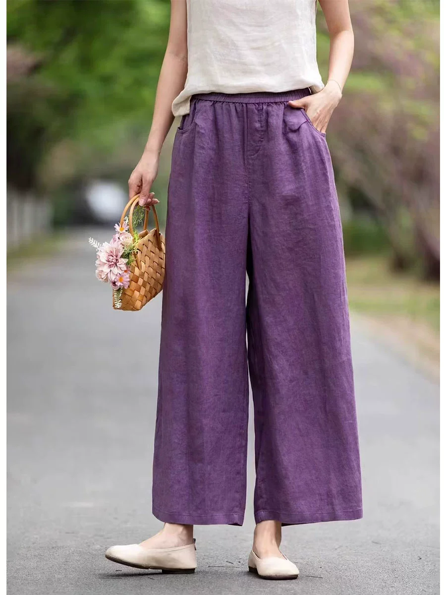 Summer Linen High Elastic Waist Loose Versatile Solid Color Pants