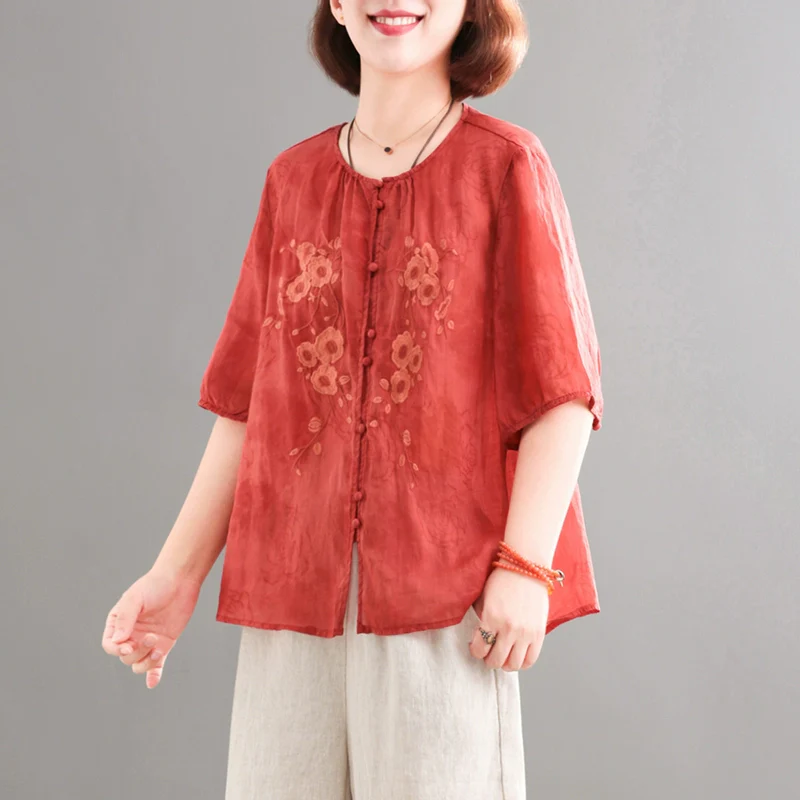 Summer Ramie Embroidered Casual Round Neck Shirt