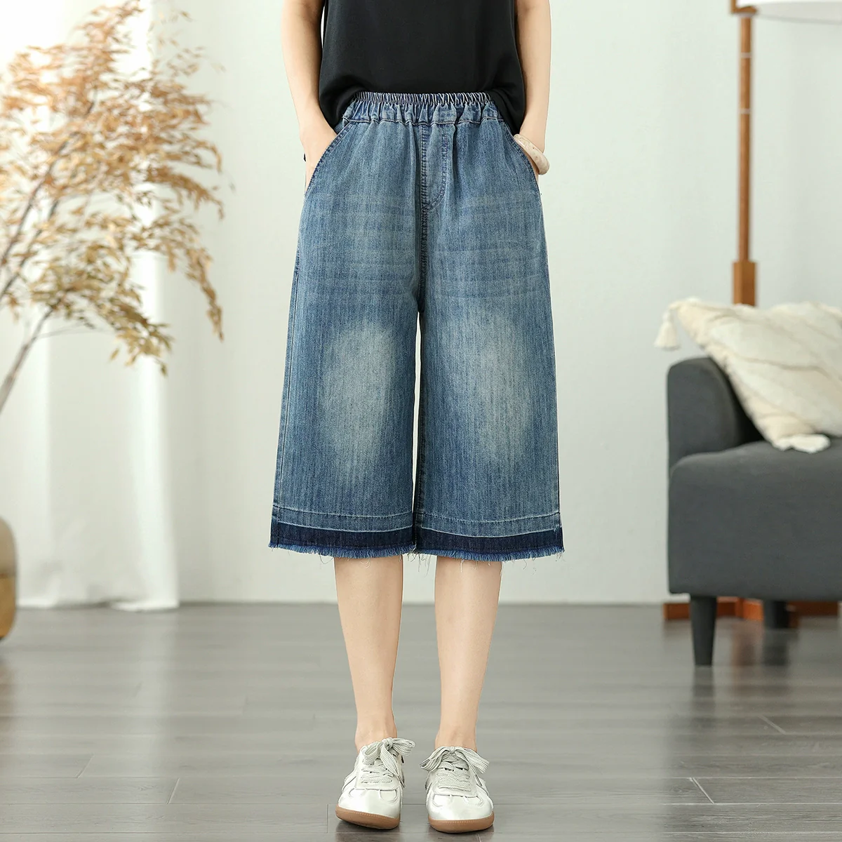Summer Fashionable Denim Loose Elastic Waist Cropped Pants Jeans