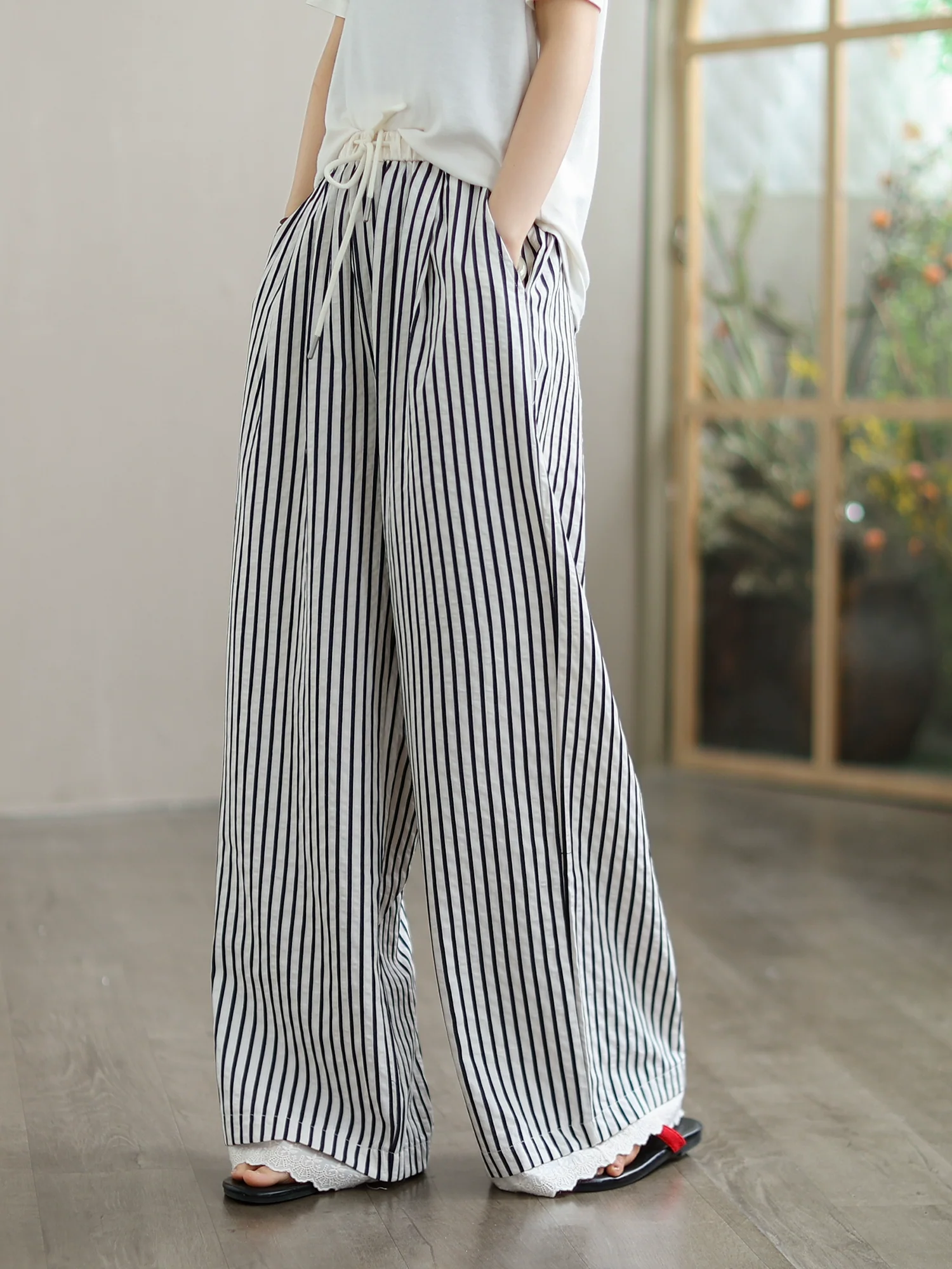 Women Retro Cotton Striped Scalloped Hem Lace Up Pants
