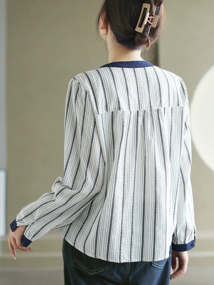 Autumn Cotton Striped Round Neck Patchwork Shirt