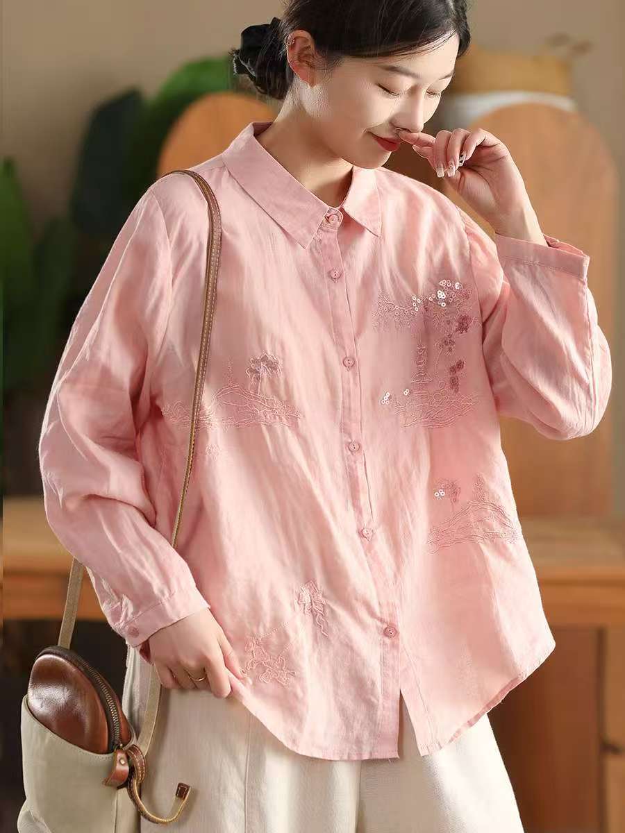 Autumn Retro Ramie Embroidered Loose Long Sleeves Shirt