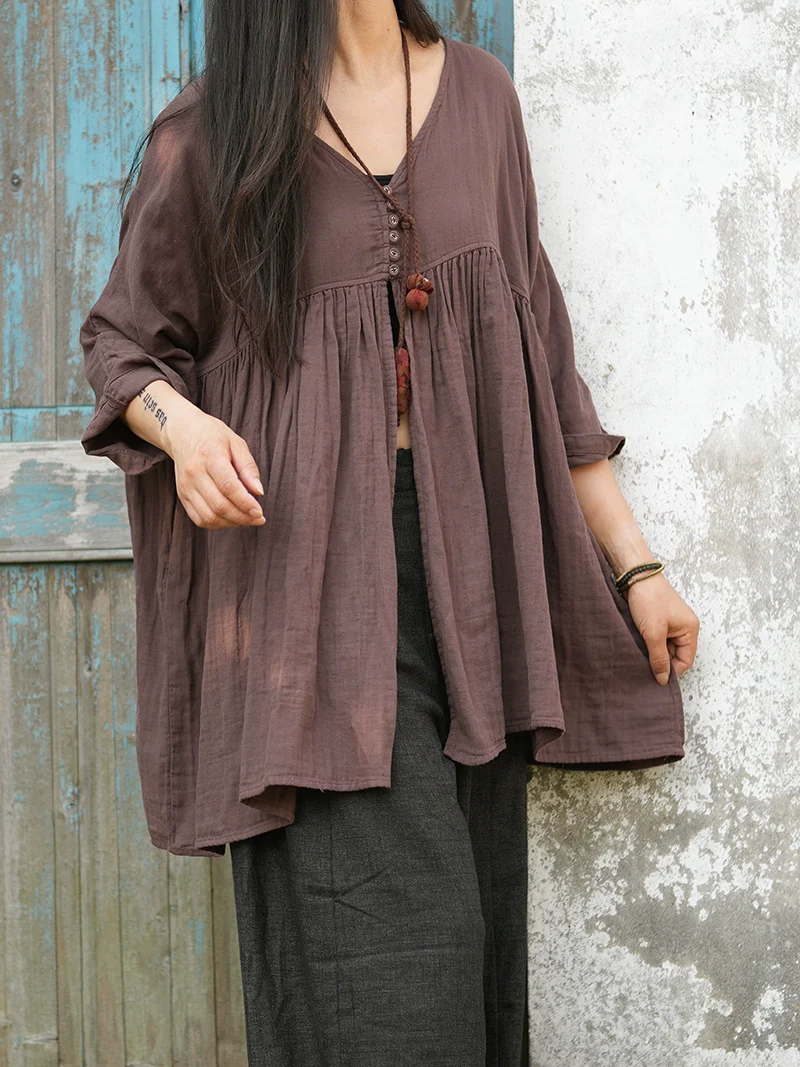 Retro Cotton Casual Versatile Loose V-Neck Long Sleeves Shirt