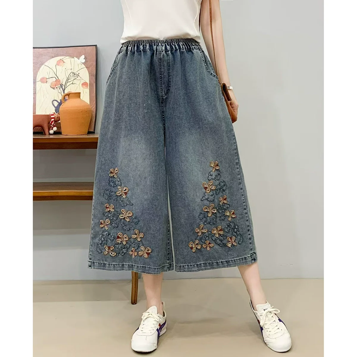Women Retro Denim Embroidered Loose Elastic Waist Pants