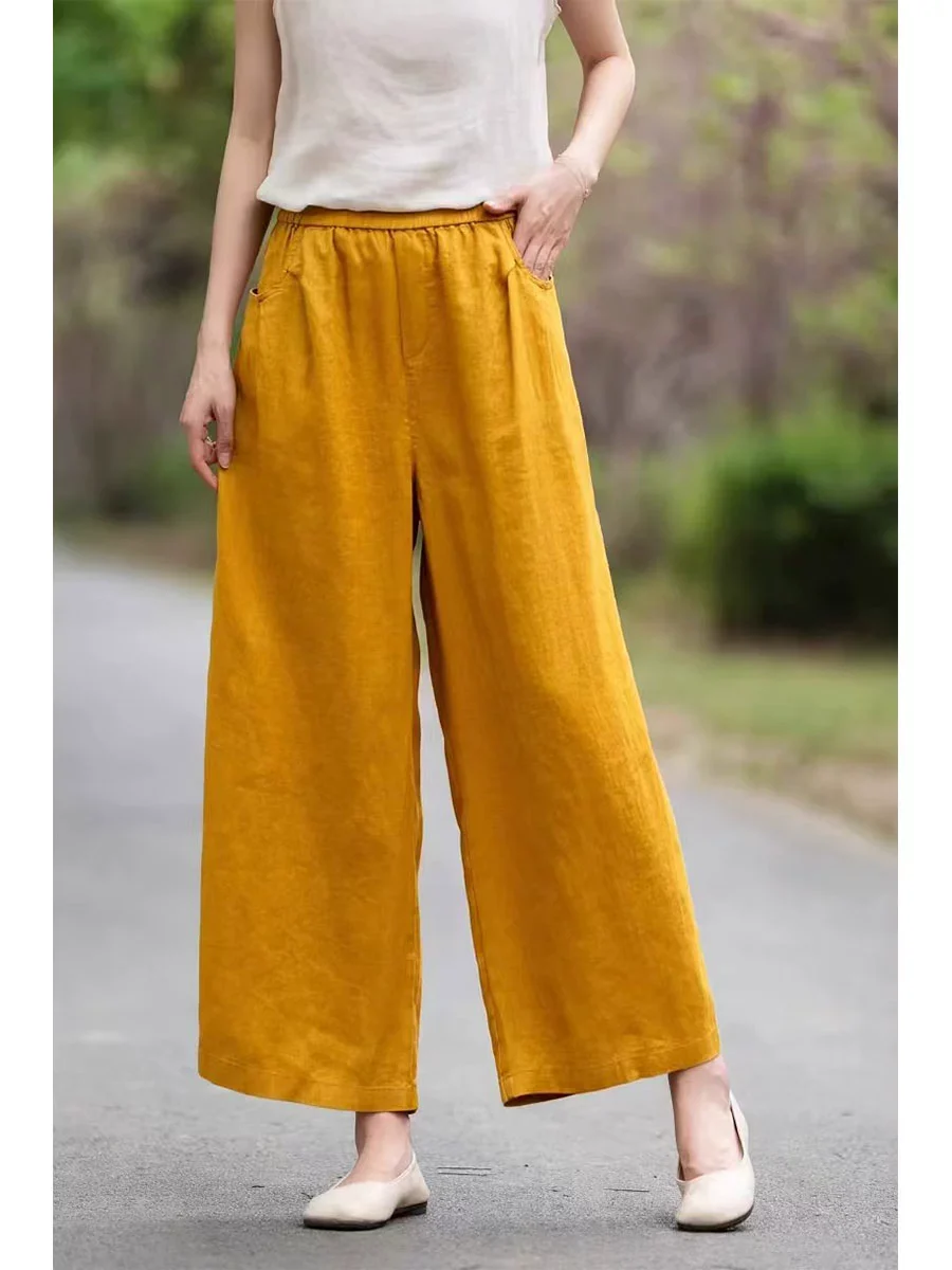 Summer Linen High Elastic Waist Loose Versatile Solid Color Pants