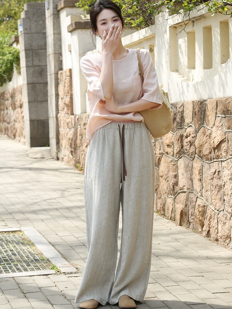 Women Casual Linen Elastic Waist Loose Lace-Up Pants