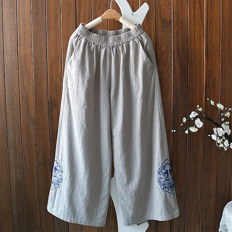 Women Autumn Linen Loose Embroidered Comfortable Pants