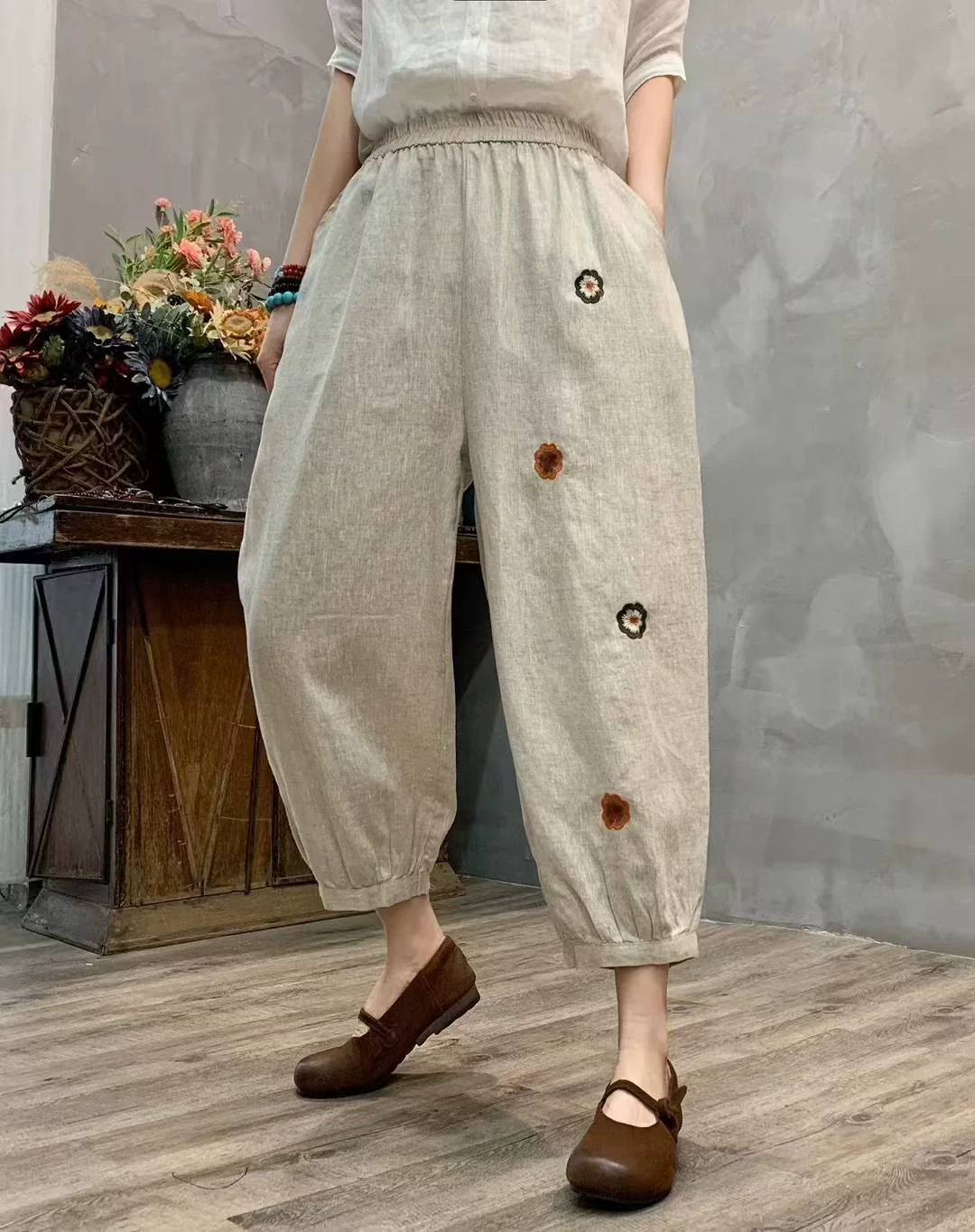 Summer Retro Linen Embroidered Elastic Waist Harem Pants