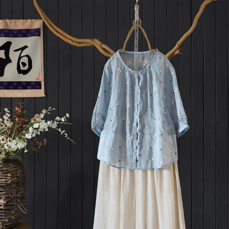 Women Summer Ramie Casual Embroidered Round Neck Shirt