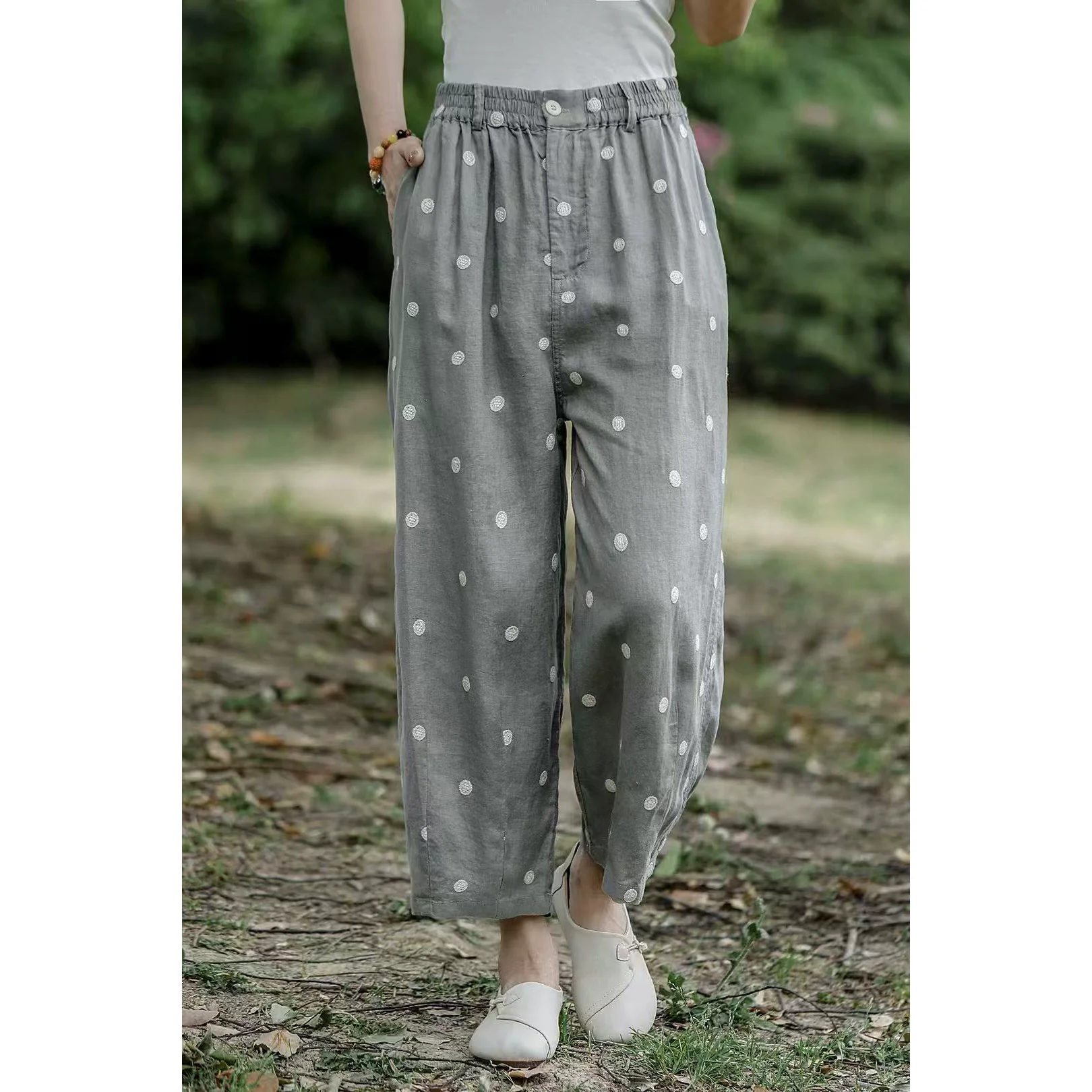Women Spring Retro Linen Polka Dot Loose Versatile Harem Pants