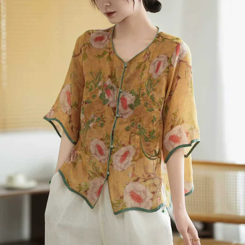 Women Summer Ramie Retro V-Neck Embroidered Loose Shirt