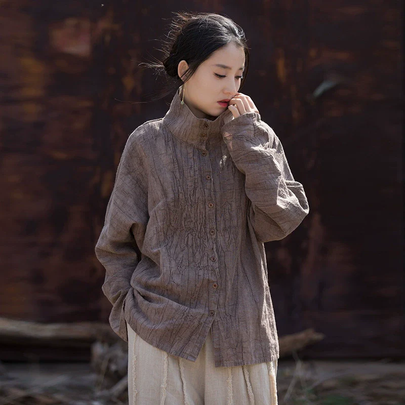 Autumn Ramie Cotton Loose Versatile Stand Collar Shirt