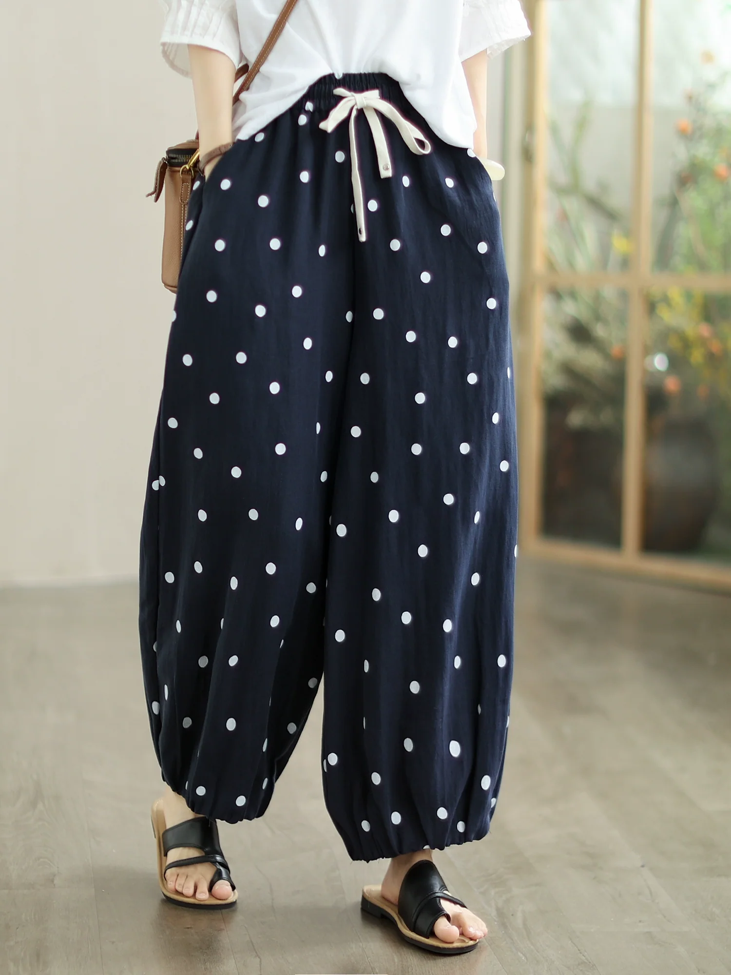 Summer Retro Linen Casual Polka Dots Lace Up Pants