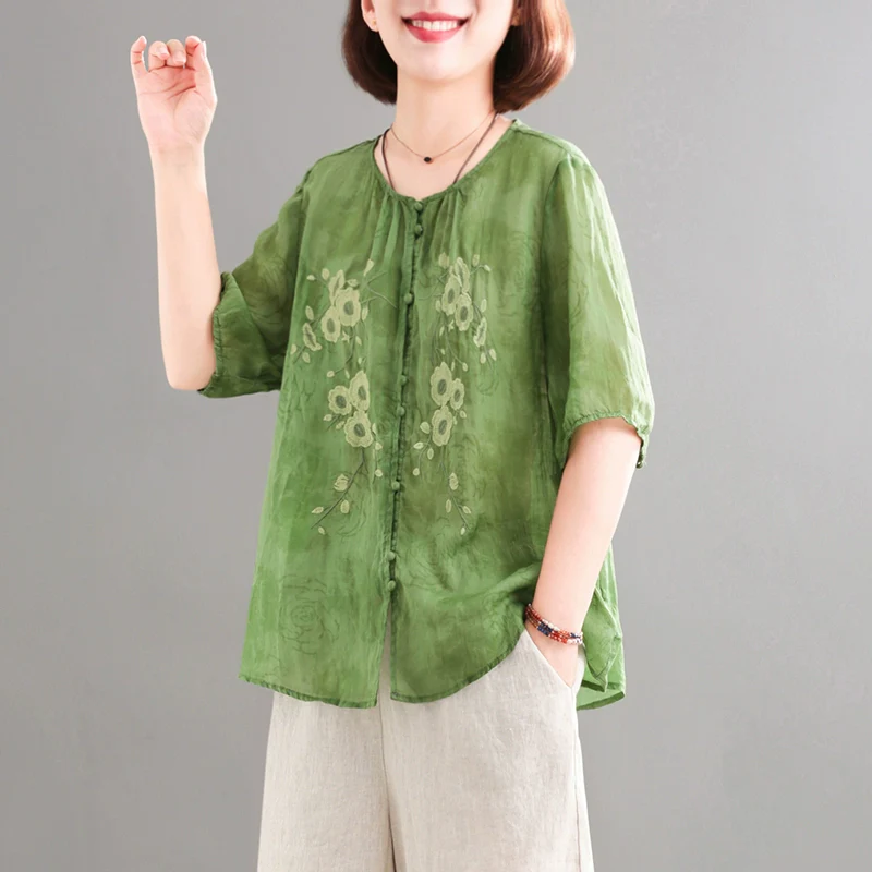 Summer Ramie Embroidered Casual Round Neck Shirt
