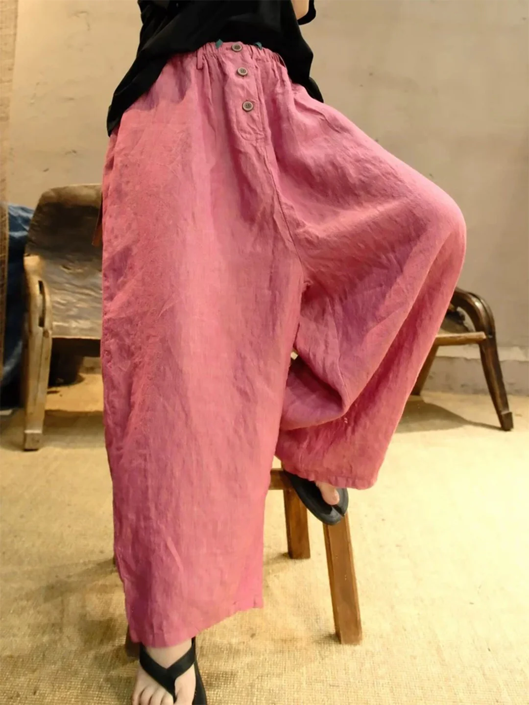 Summer Retro Linen Thin Loose High Elastic Waist Pants