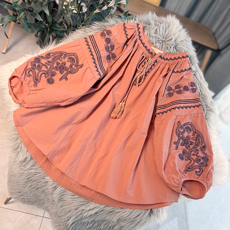 Women Retro Autumn Cotton Round Neck Embroidered Shirt