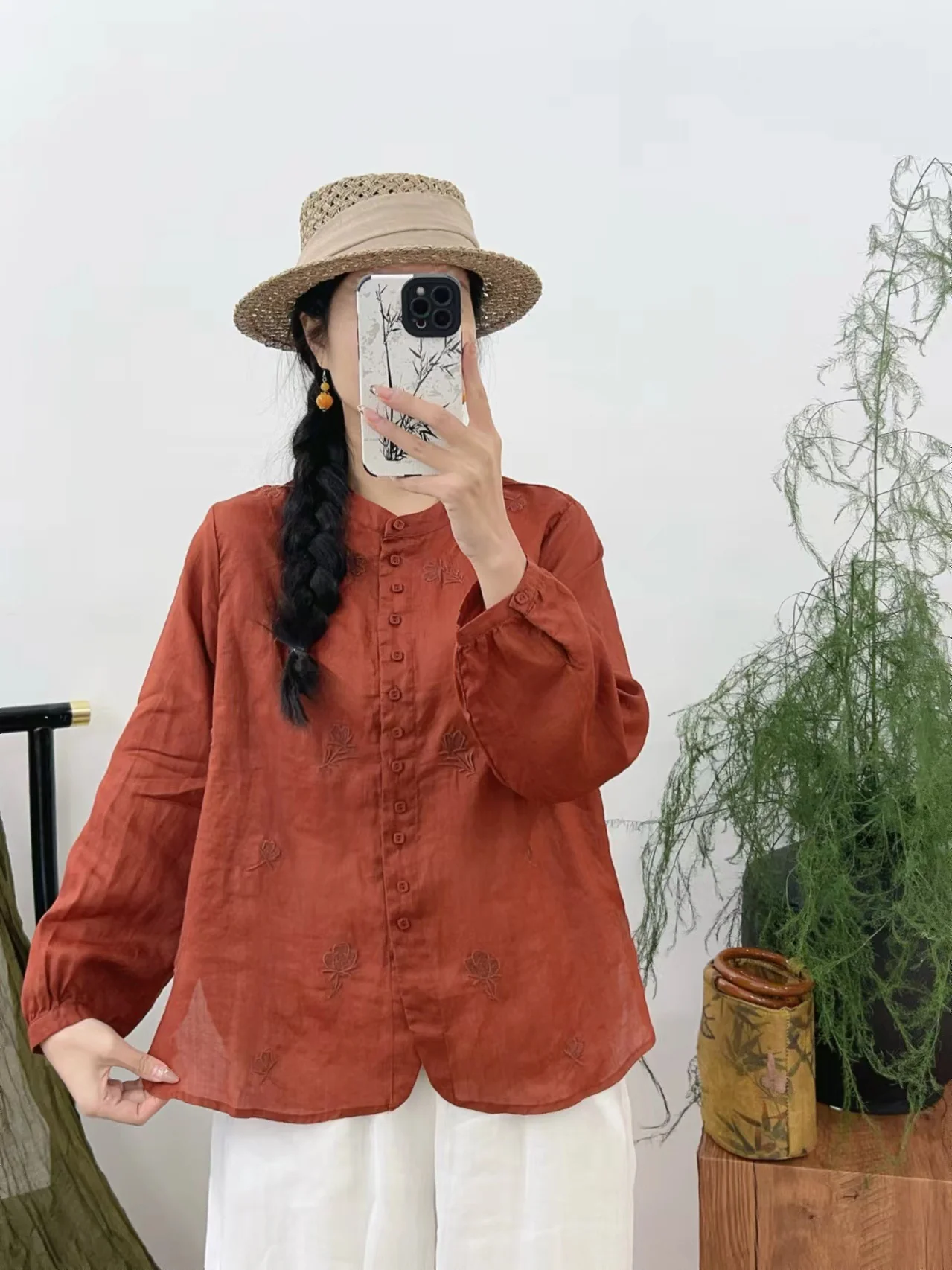 Autumn Retro Ramie Embroidered Stand Collar Long Sleeves Shirt