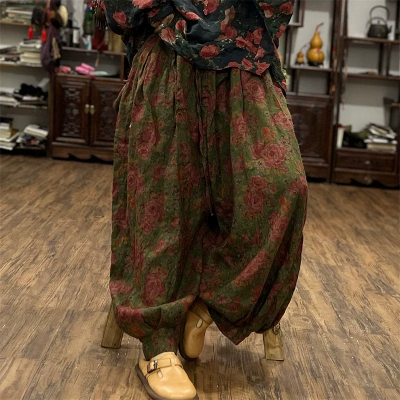 Retro Linen Floral Elastic Waist Loose Harem Pants
