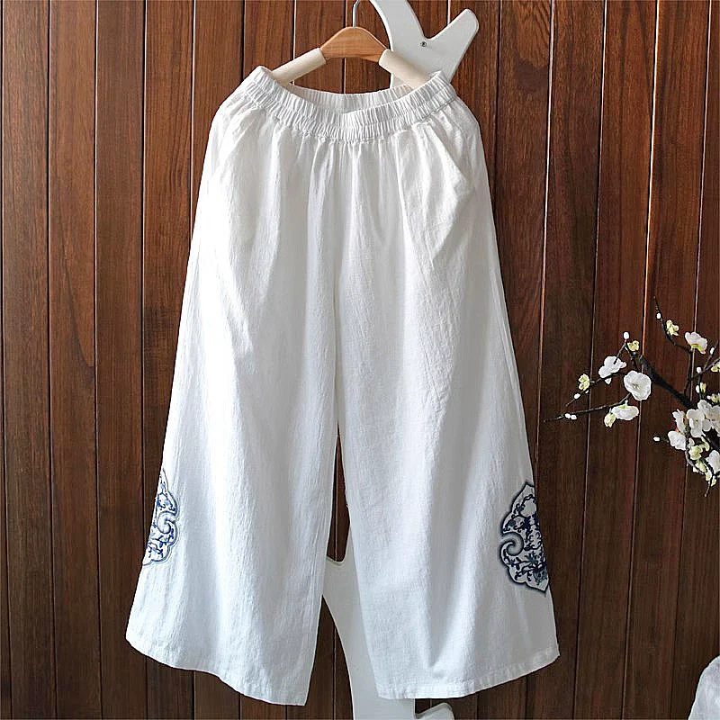 Women Autumn Linen Loose Embroidered Comfortable Pants
