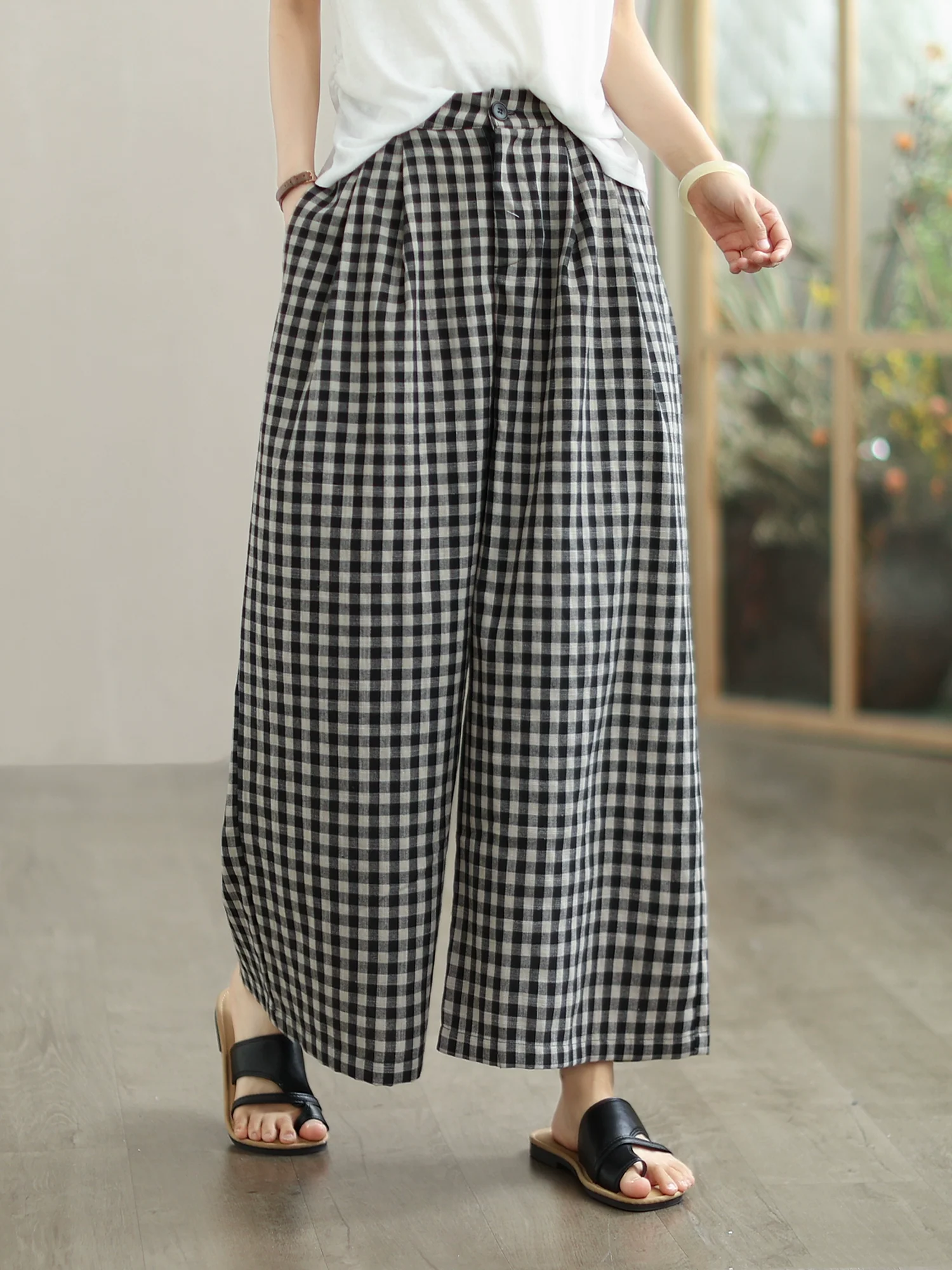 Summer Vintage Cotton Loose Plaid High Elastic Waist Pants