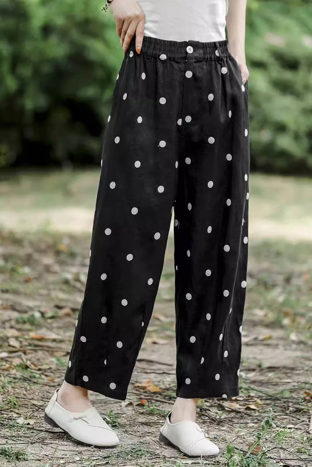 Women Spring Retro Linen Polka Dot Loose Versatile Harem Pants