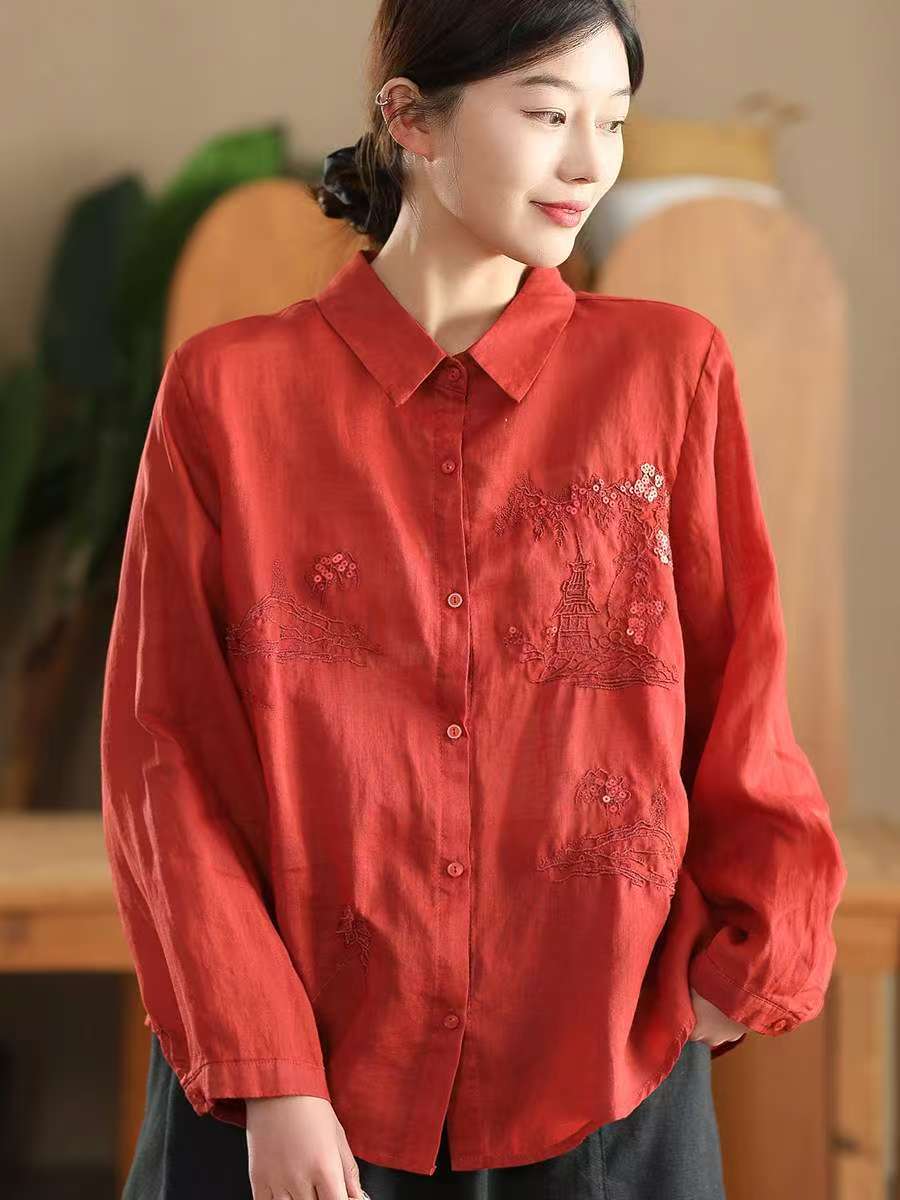 Autumn Retro Ramie Embroidered Loose Long Sleeves Shirt