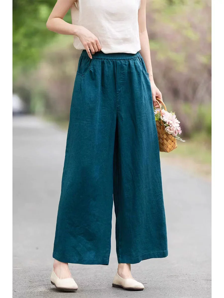Summer Linen High Elastic Waist Loose Versatile Solid Color Pants