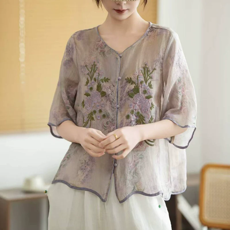 Women Summer Ramie Retro V-Neck Embroidered Loose Shirt