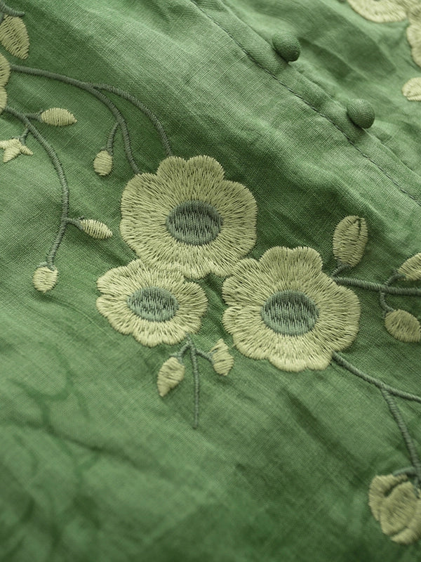 Summer Ramie Embroidered Casual Round Neck Shirt