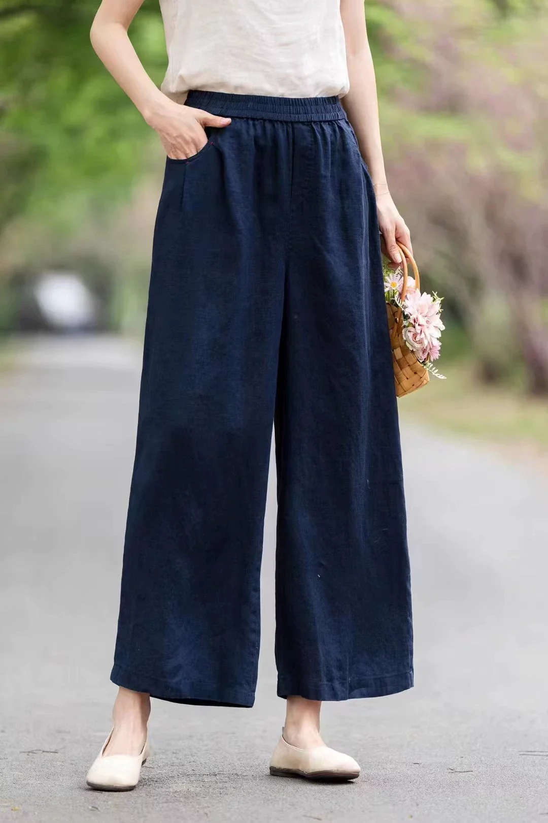 Summer Linen High Elastic Waist Loose Versatile Solid Color Pants