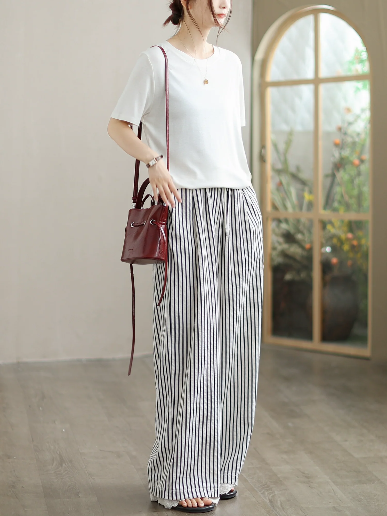 Women Retro Cotton Striped Scalloped Hem Lace Up Pants