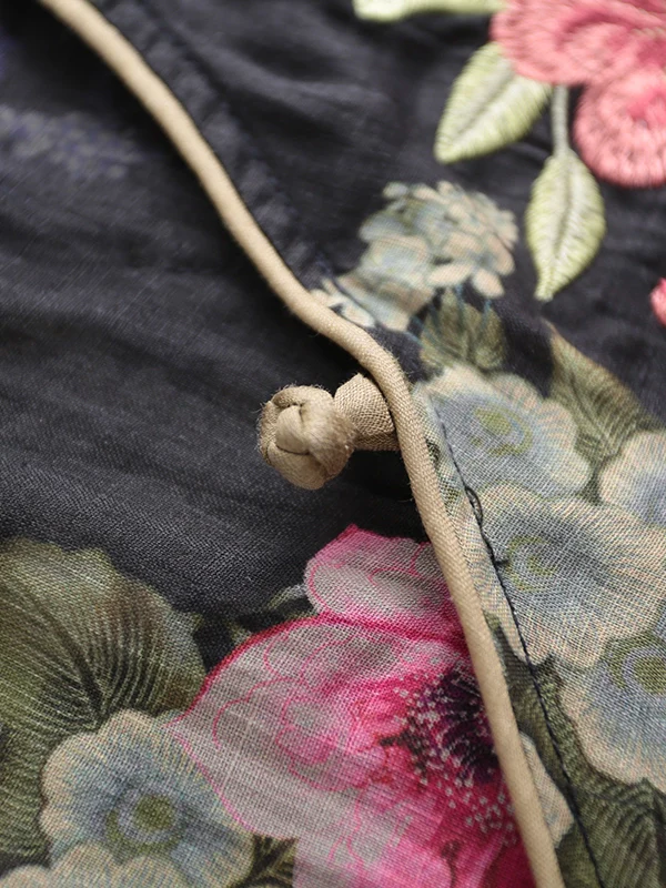 Women Round Toe Ramie Floral Loose Shirt