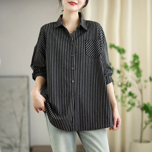 Retro Cotton Striped Casual Loose Patchwork Shirt