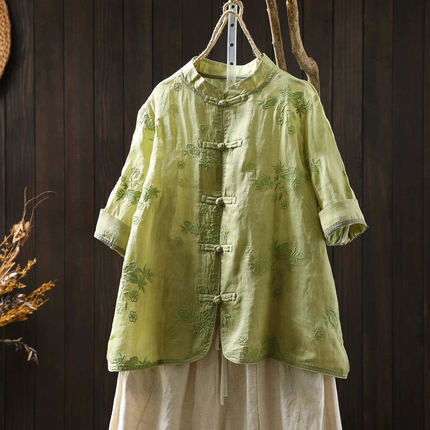 Summer Retro Ramie Frog Button Stand Collar Loose Shirt