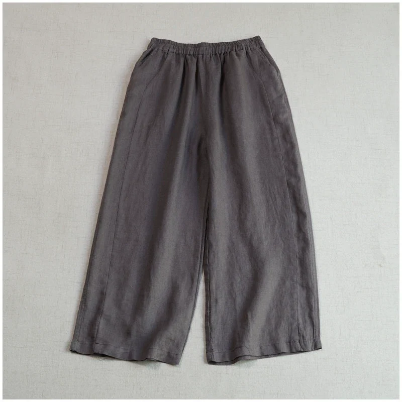 Women Summer Retro Linen Solid Color Loose Cropped Pants