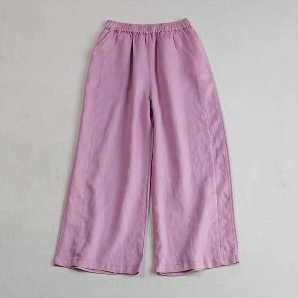 Women Summer Retro Linen Solid Color Loose Cropped Pants