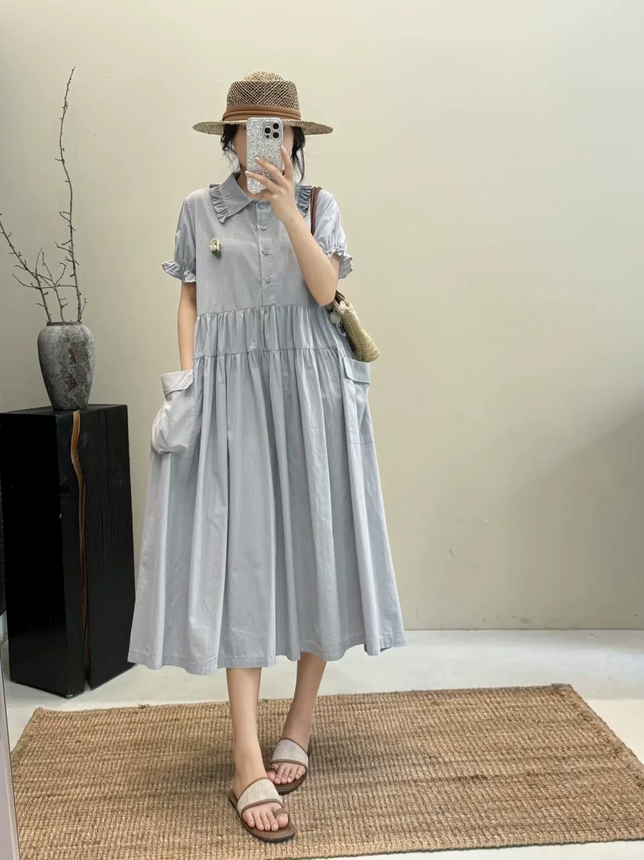 Summer Casual Cotton Lapel Loose Ruffled Dress With Pocket