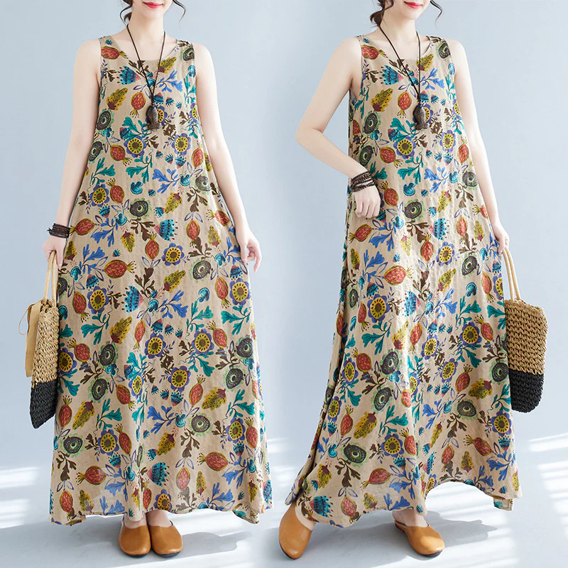 Women Summer Cotton Linen Round Neck Sleeveless Dress